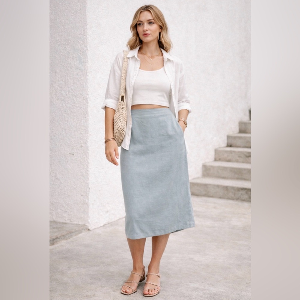 Long Tall Sally Light Blue Pencil Skirt US 10 Tall High Waist Midi